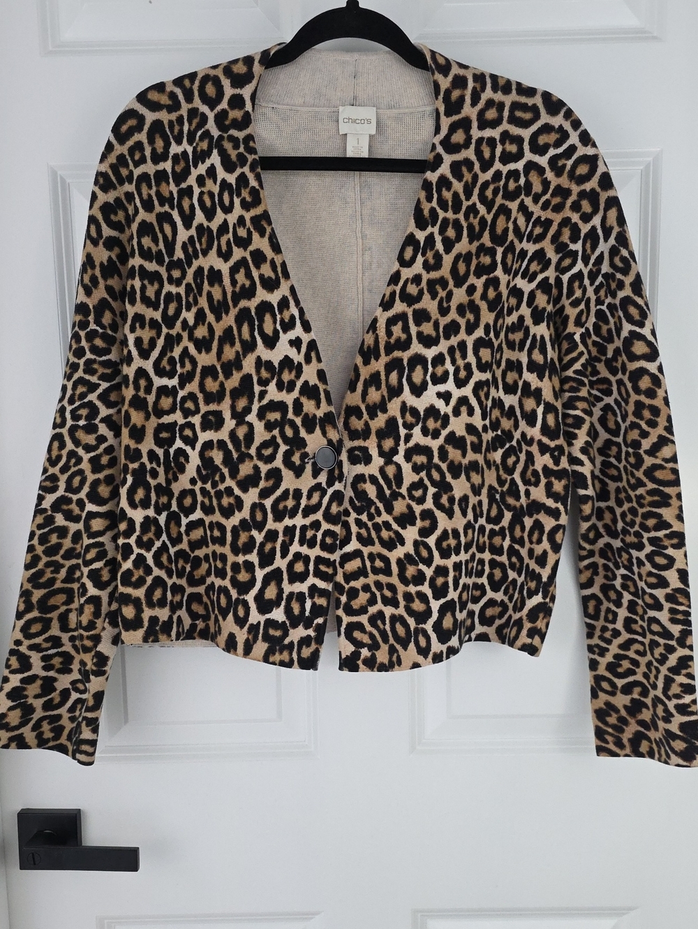 Chico's Leopard Print Heavy Knit One Button Sweater Blazer/ Cardigan Size 1/ Med